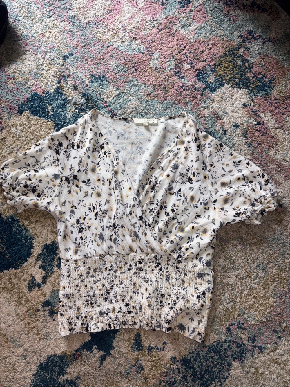 Final Touch White Wrap Blouse with Black & Gold Floral Print